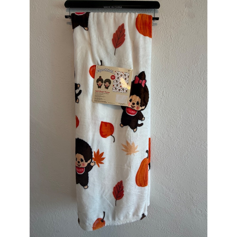 Monchhichi Soft Plush Throw Blanket Autumn Fall Leaves Pumpkins 50x70 New